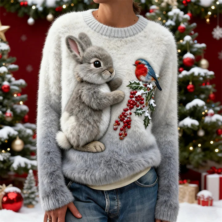 Suzette | Charming Winter Sweater with Rabbit and Robin