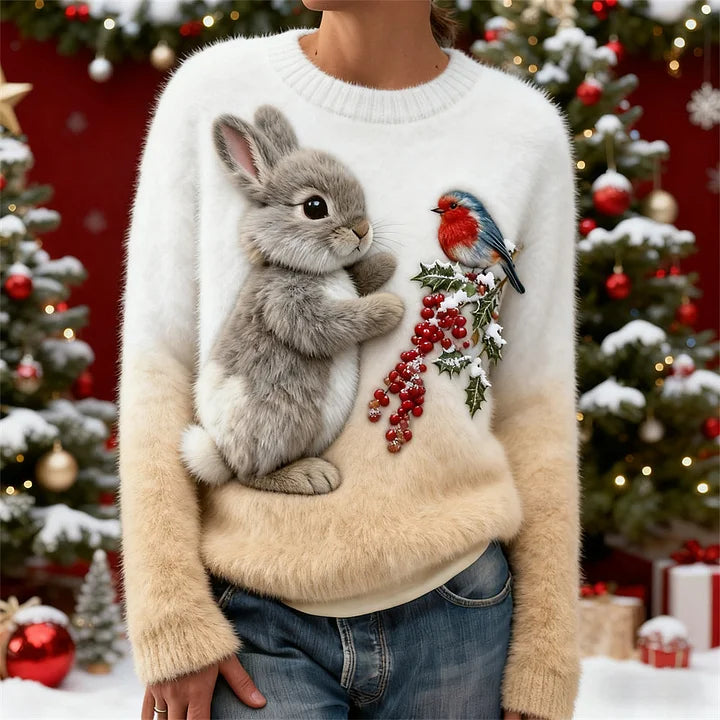 Suzette | Charming Winter Sweater with Rabbit and Robin