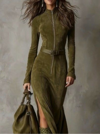 Evelyn | Suède jurk met riem en ritssluiting